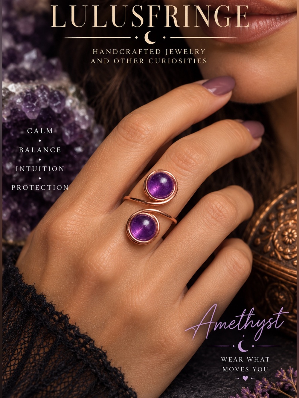 Artisan Amethyst Double-Head Bypass Adjustable Ring — Purple